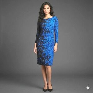 Chaps Ruched Long Sleeve Sheath Dress Womens XL Blue Black Floral Party Dressy